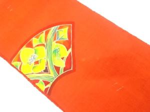 未使用品　手織り紬　地紙に花模様　名古屋帯